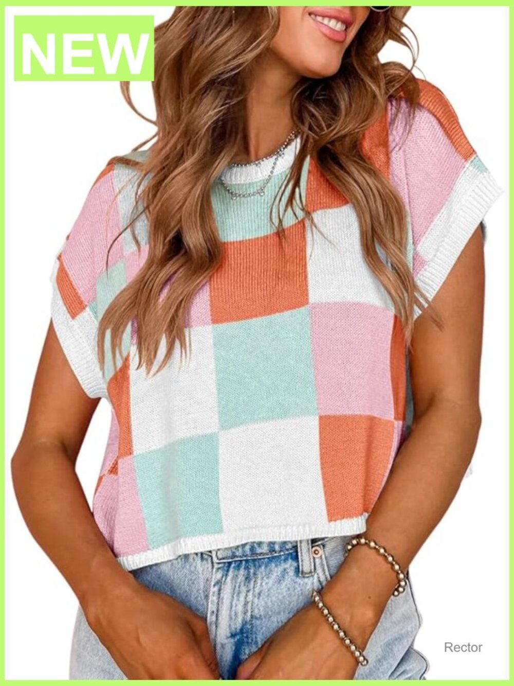 Womens Cap Sleeve Crop Top Color Block Crew Neck Knit Pullover Sweater Summer